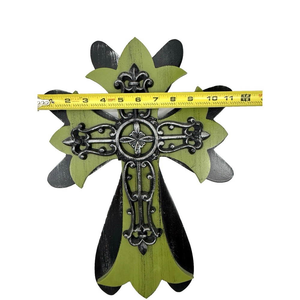Rustic Wooden Cross with Metal Fleur De Lis Cross Overlay 16" Wall Decor - Picture 10 of 10